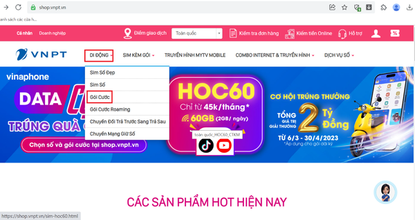 Vào “Di động” -> “Gói cước”