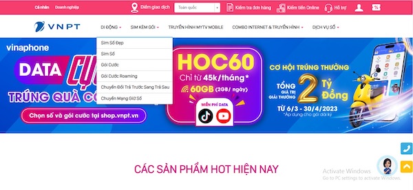Tại mục “DI ĐỘNG” chọn “Gói cước”