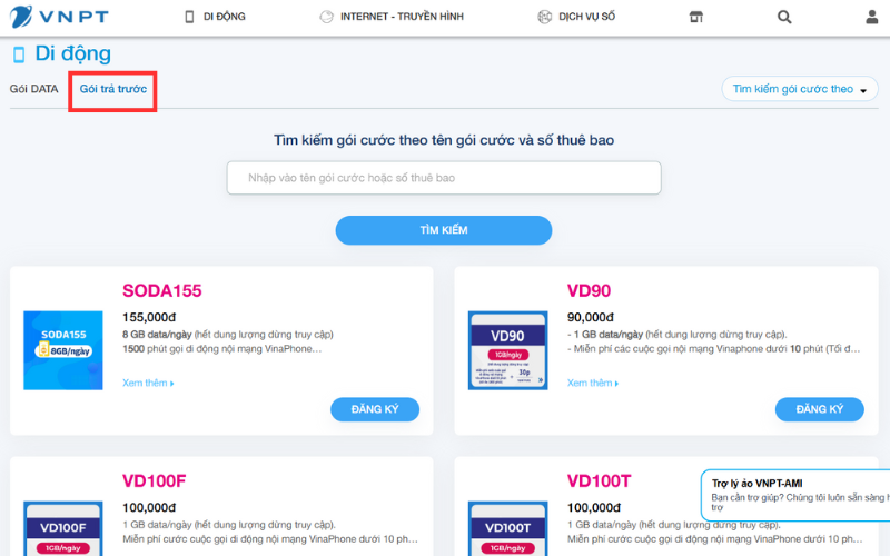 gói cước 4g trả trước