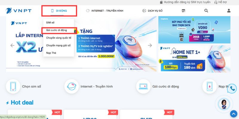 Truy cập website và chọn phần gói cước trả sau