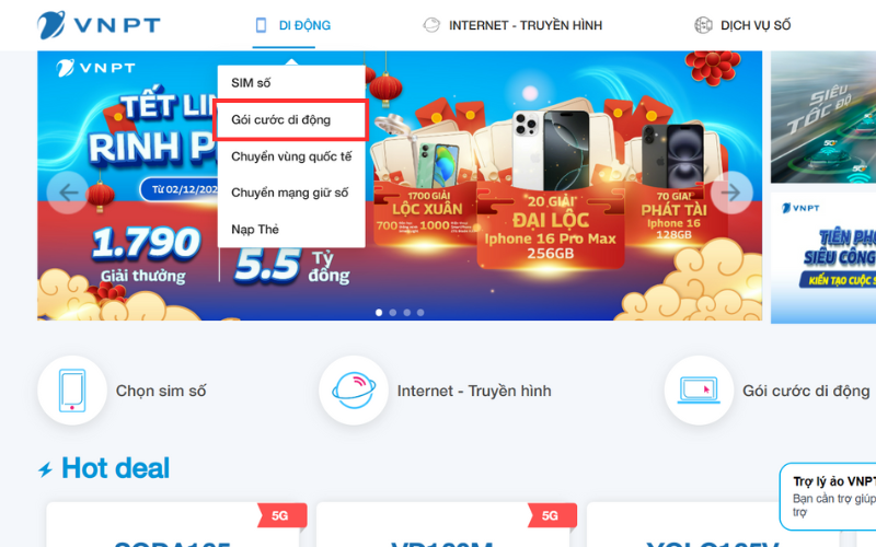 đăng ký gói cước trên website