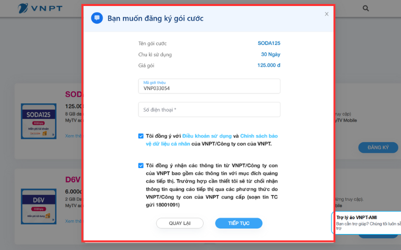 Điền các thông tin về thuê bao để tiến hành đăng ký