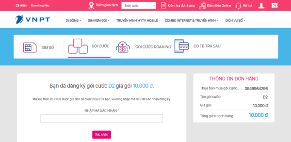 Xác nhận để hoàn tất đăng ký gói cước