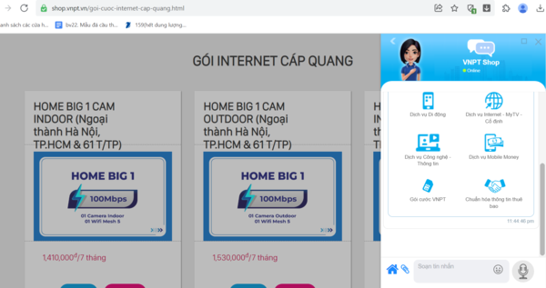 Khách hàng Nghệ An có thể đăng ký gói cước Internet trên Shop VNPT bằng cách kích vào nút đăng ký của từng gói hoặc chat với trợ lý ảo