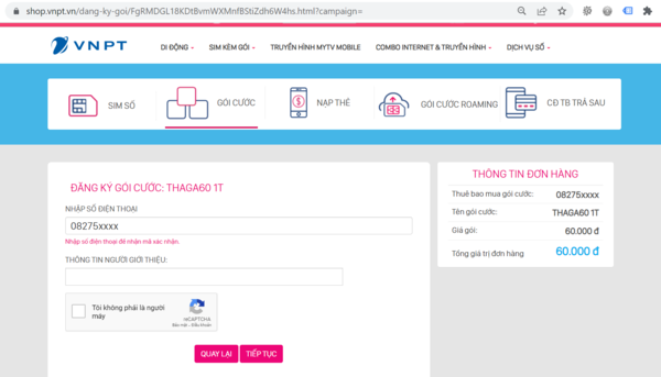 Đăng ký gói cước qua website 