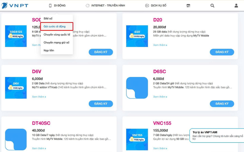 ăng ký gói cước VinaPhone 1 tháng trên website DigiShop