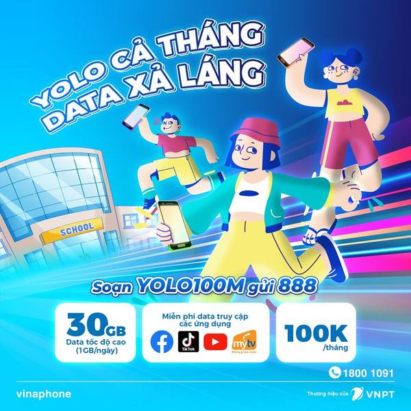 Đăng ký gói cước YOLO100M có 1GB/ngày cùng ưu đãi data khi truy cập các ứng dụng
