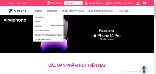 Tại thanh chọn menu, nhấn chọn mục Gói cước