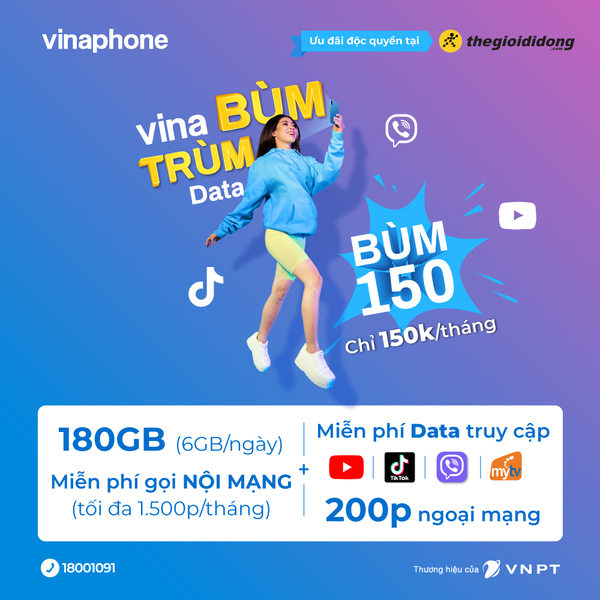 gói Vina Bùm 150 để ưu đãi miễn phí data giải trí