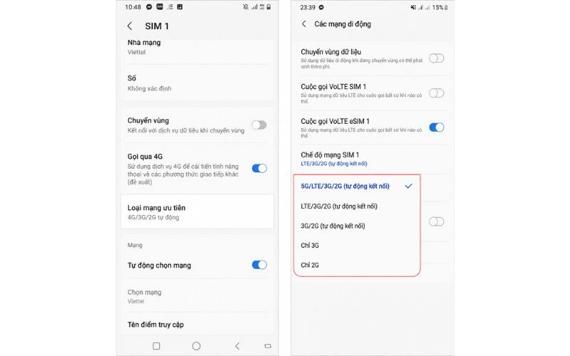 Cách bật mạng 5G trên các dòng điện thoại Android: Vào Cài đặt ⇒ Thêm ⇒ Mạng di động ⇒ Loại mạng ⇒ Bật 5G (Nếu có 5G thì có hỗ trợ ngược lại thì không)