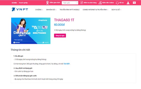 Đọc kỹ thông tin gói cước và chọn “Đăng ký ngay”