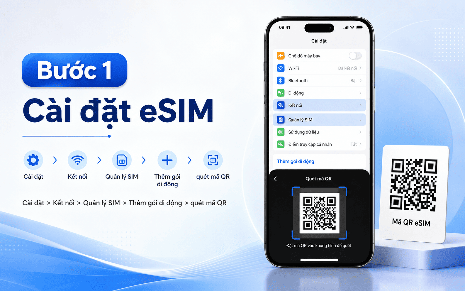 Bước 1: Vào phần Cài đặt, chọn mục Kết nối, nhấp vào Quản lý SIM, chọn Thêm gói di động và quét mã QR