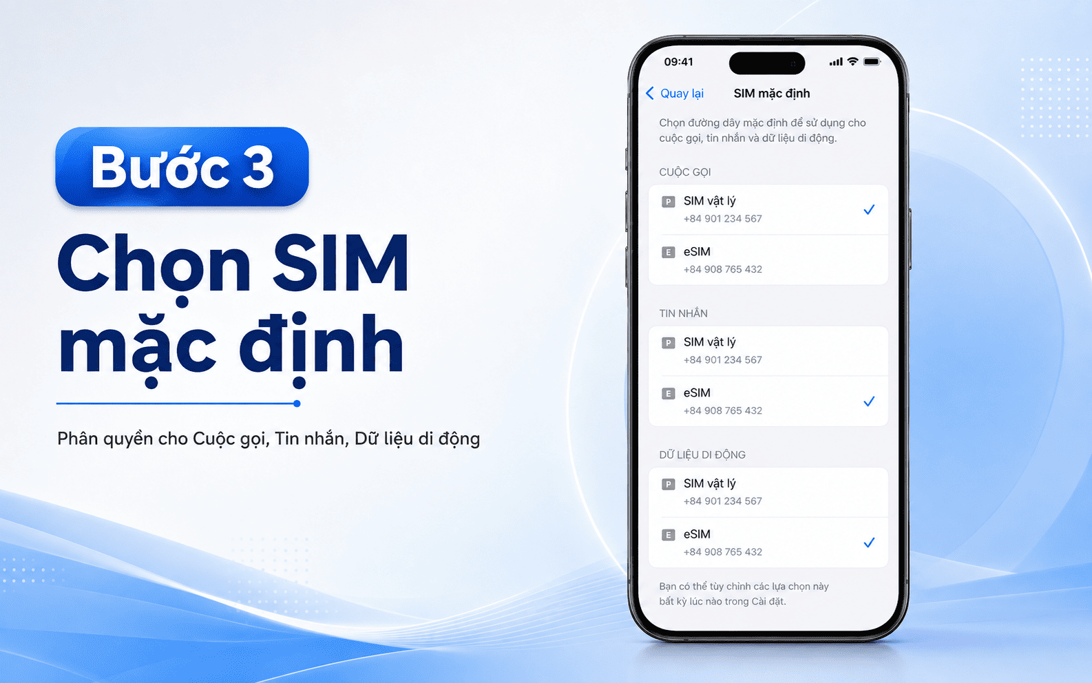 Bước 3: Nhấp chọn mục Cuộc gọi, Tin nhắn hoặc Dữ liệu di động để phân quyền xử lý chính cho từng SIM