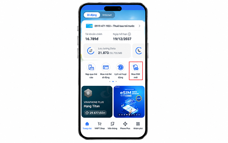 Chọn mục Mua SIM mới để lựa chọn sim