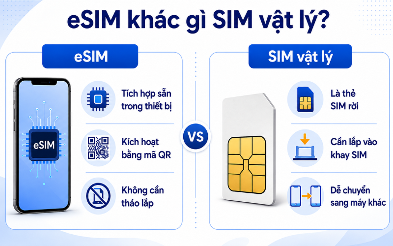 eSIM và SIM vật lý sở hữu những chức năng cốt lõi giống nhau