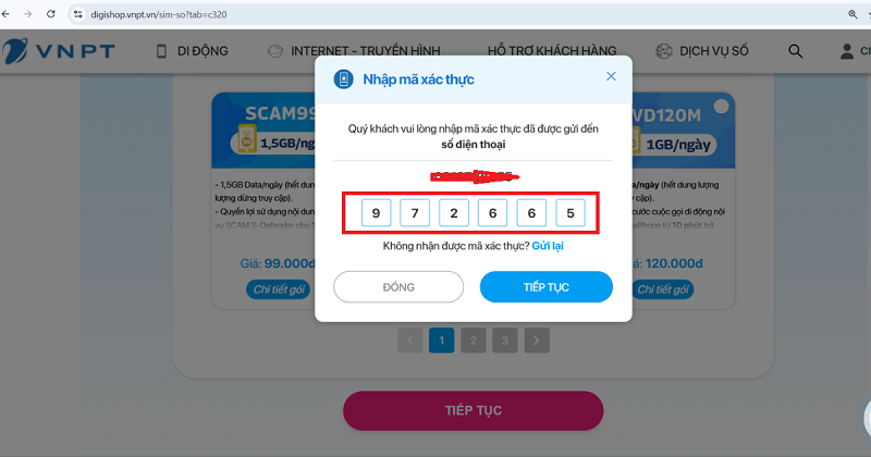 Bước 5: Nhập mã xác thực đã được cấp qua số điện thoại vừa cung cấp