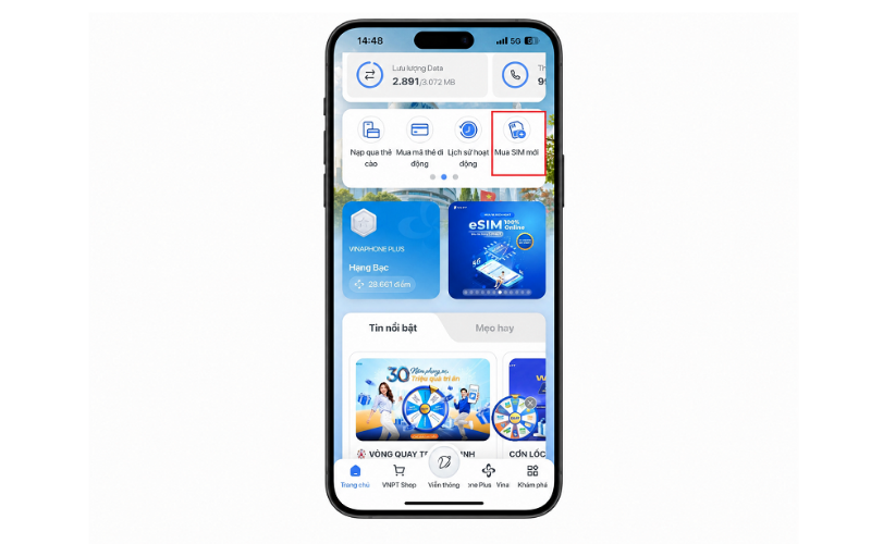 Bước 1: Mở ứng dụng MyVNPT, ngay tại màn hình Trang chủ, bạn chọn mục Mua SIM mới