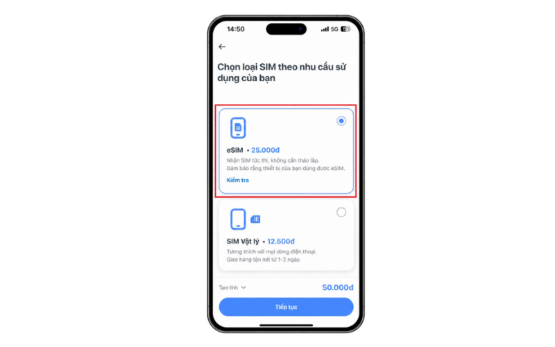 Bước 3: Tại bước chọn hình thức SIM, bạn chọn loại eSIM