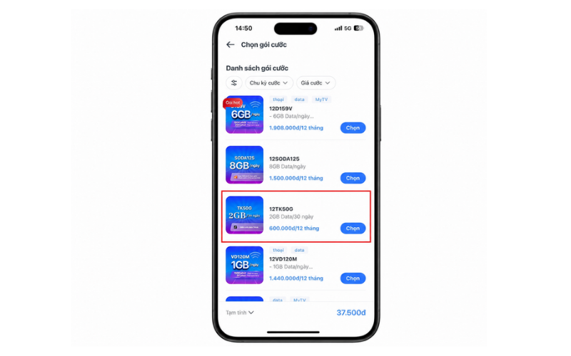 Bước 4: Chọn gói cước ưu đãi đi kèm phù hợp với nhu cầu sử dụng Data và thoại của bạn