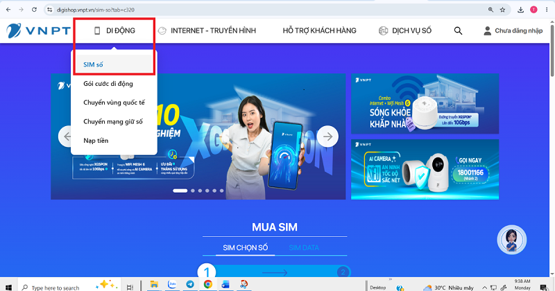 Bước 1: Tại trang chủ Digishop, chọn mục Di động => Chọn SIM số