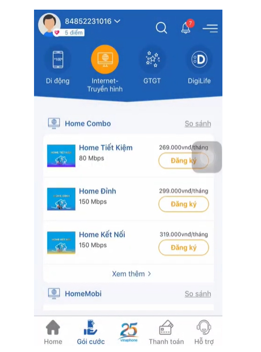Giao diện đăng ký gói cước trên My VNPT