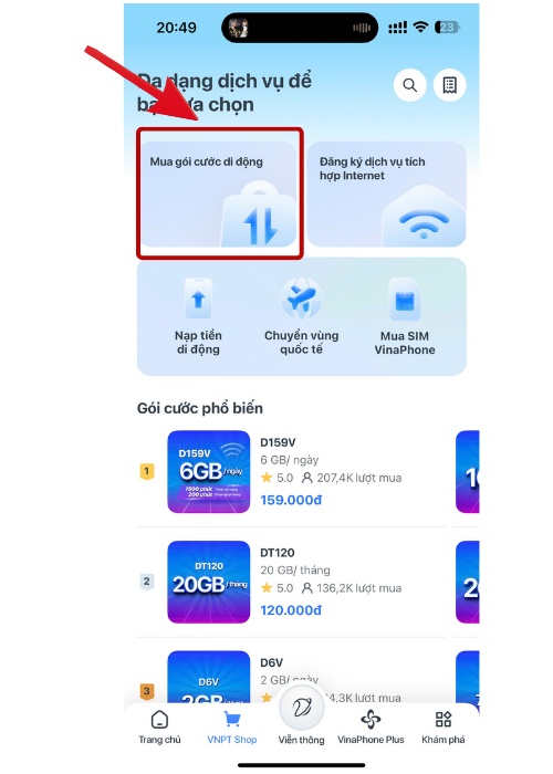 Vào mục Mua gói cước di động và chọn gói cước theo nhu cầu 