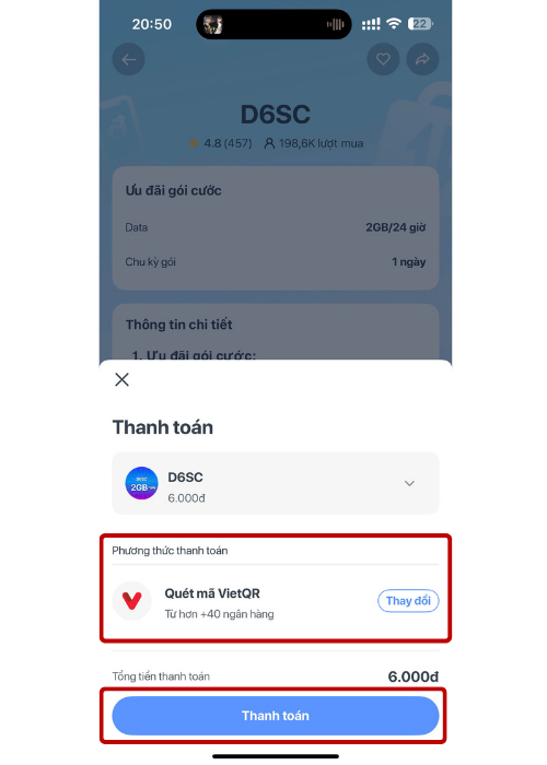 Chọn gói cước và ấn thanh toán theo hướng dẫn trên màn hình