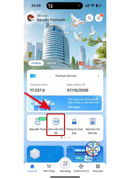 Mở app My VNPT > Vào phần Gói cước 4G/5G