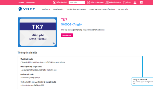 Gói cước TK7 trên website VNPT Shop