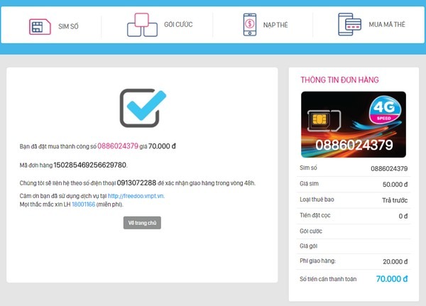 Hóa đơn mua sim điện thoại online của VinaPhone