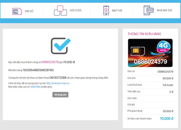 Hóa đơn mua sim VinaPhone online 