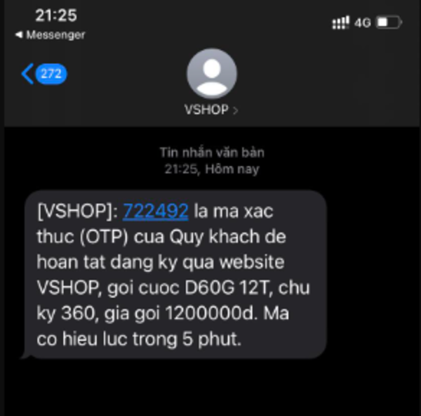 Hệ thống gửi mã OTP qua tin nhắn về thuê bao đăng ký