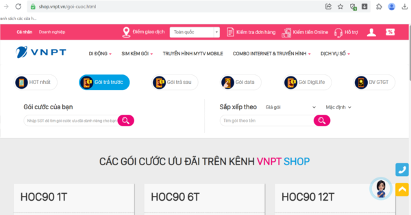 Vào mục “Gói trả trước”
