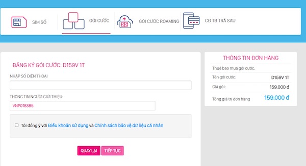 đăng ký gói cước nhắn tin VinaPhone qua website Shop VNPT