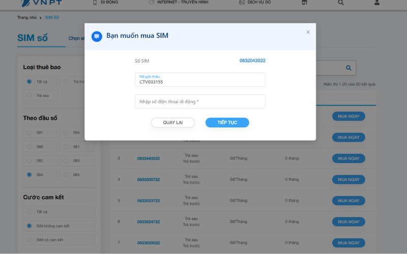 Cách mua sim vina online