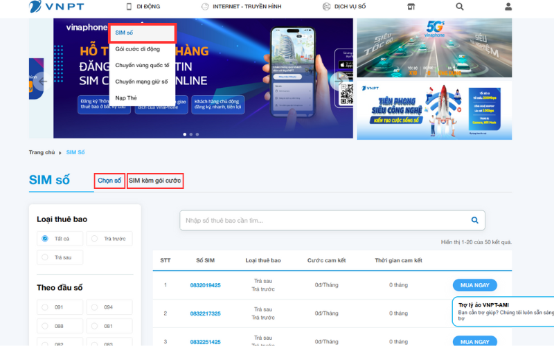 hướng dẫn mua sim VinaPhone online qua website