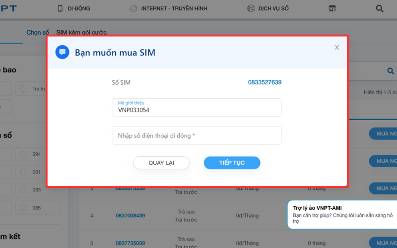 Điền thông tin mua sim vinaphone