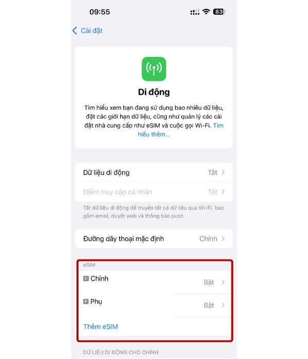 Sau khi lắp hai SIM, vào Cài đặt > Di động để kiểm tra máy đã nhận cả hai đường dây hay chưa