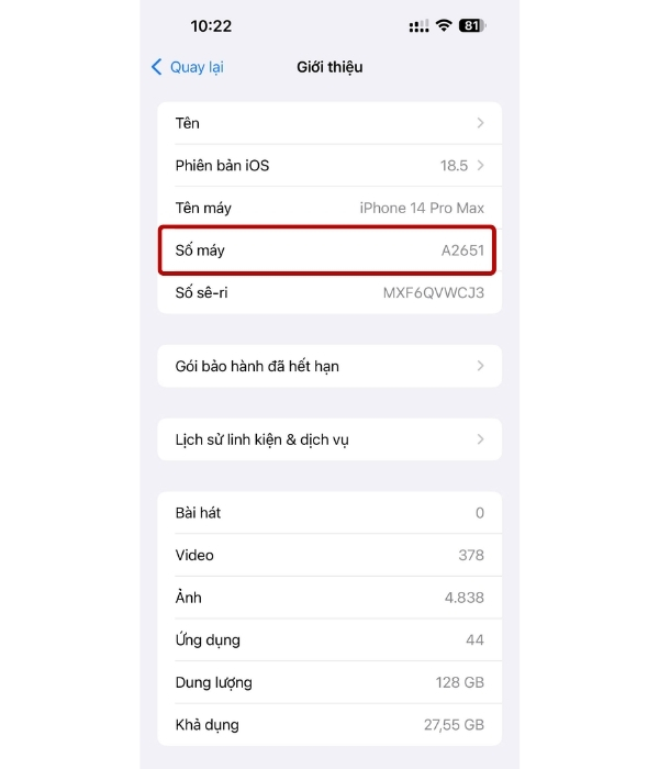 Chạm vào mục Số máy để hiển thị mã kiểu Axxxx, sau đó đối chiếu mã này trên trang “Xác định kiểu máy iPhone” của Apple