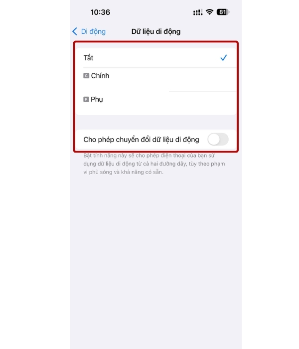 Chọn SIM phù hợp; chỉ bật Chuyển đổi dữ liệu di động khi cần thiết
