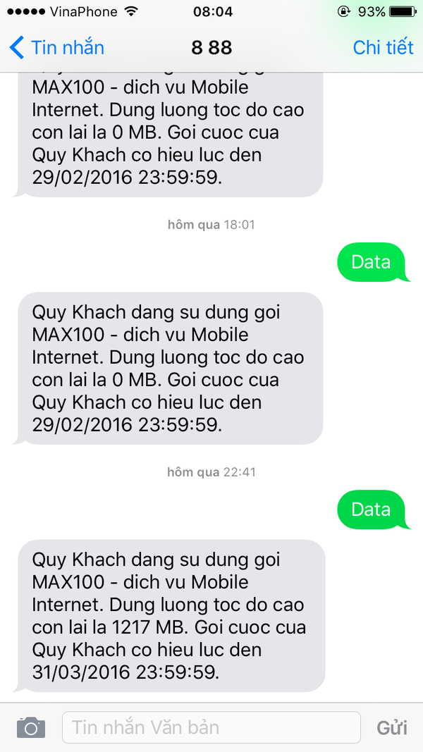 Kiểm tra gói cước data của Vinaphone qua sms miễn phí