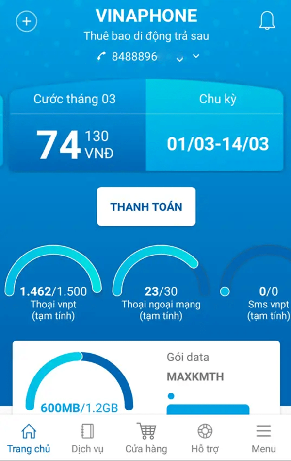 Kiểm tra gói cước data VinaPhone trả sau trên MyVNPT