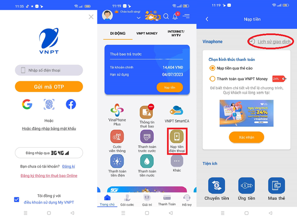 Nạp tiền điện thoại > Lịch sử giao dịch
