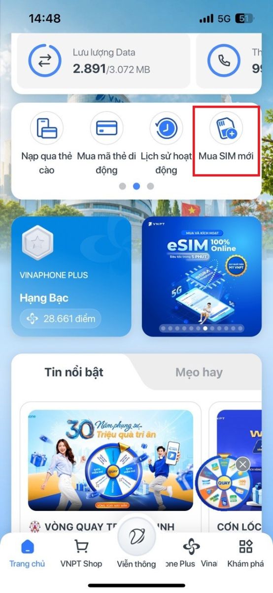 Bước 1: Đăng nhập vào app MyVNPT. Tại giao diện chính, chọn mục Mua SIM mới