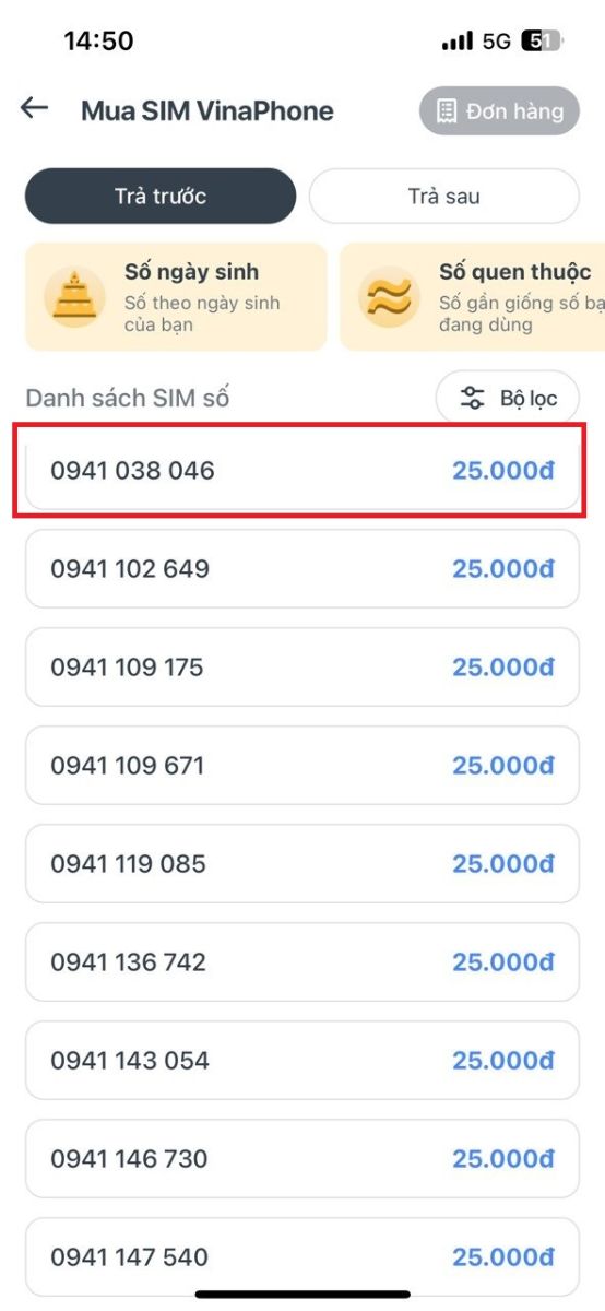 Bước 2: Chọn số SIM theo mong muốn của bạn (có thể tìm kiếm kho số đẹp, ngày sinh, phong thủy...)