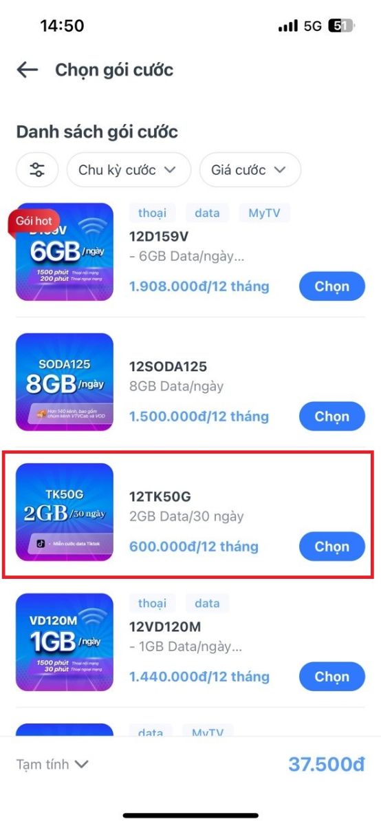 Bước 4: Chọn gói cước ưu đãi đi kèm phù hợp với nhu cầu sử dụng Data và thoại của bạn