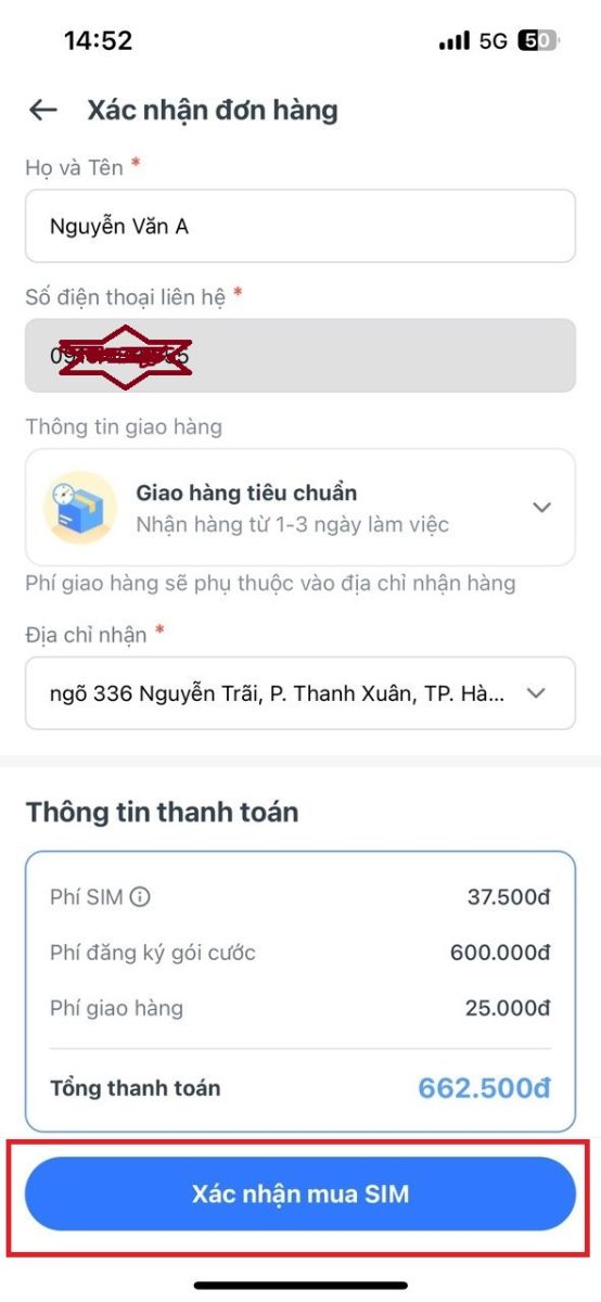 Bước 5: Điền đầy đủ thông tin khách hàng chính chủ theo quy định và nhấn Xác nhận mua SIM để hoàn tất