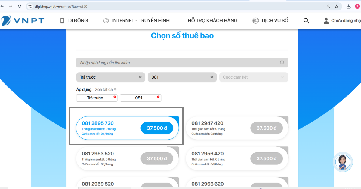 Bước 2: Chọn số thuê bao