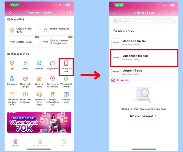 Nhấn vào dịch vụ di động trả sau và chọn nhà mạng VinaPhone trả sau