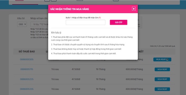 Nhập số điện thoại liên hệ để nhận sim